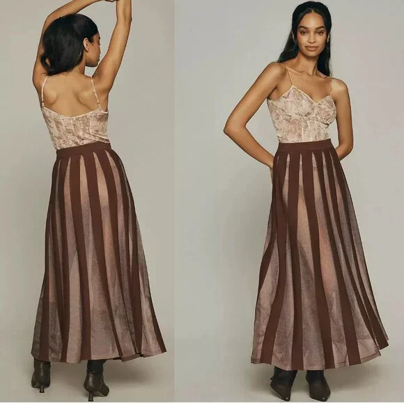 NWT NEW By Anthropologie Sheer Pleated Maxi Skirt size 3x brown color - Picture 2 of 5
